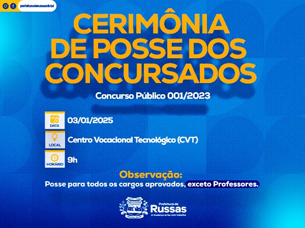 Prefeitura convoca os aprovados para a Cerimônia de Posse